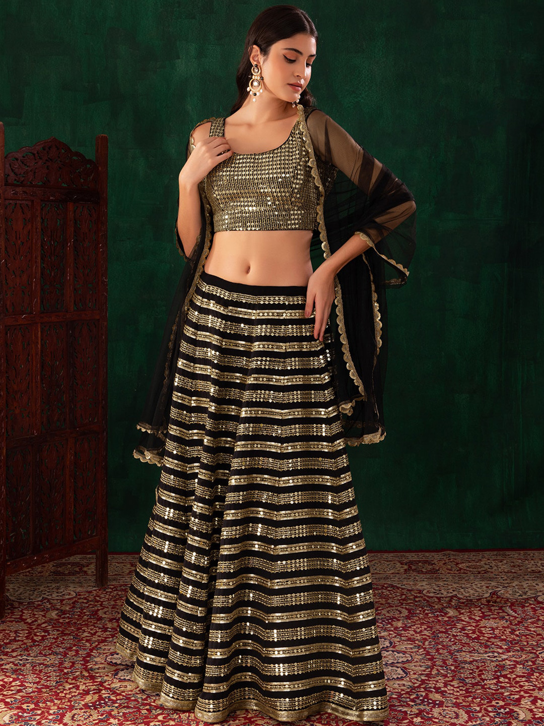 

Indya Luxe Embroidered Sequinned Ready to Wear Lehenga & Blouse With Dupatta, Black