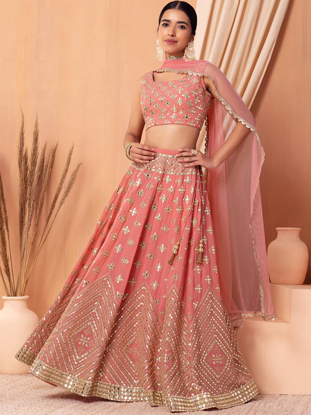 

Indya Luxe Embroidered Mirror Work Ready to Wear Lehenga & Blouse With Dupatta, Pink
