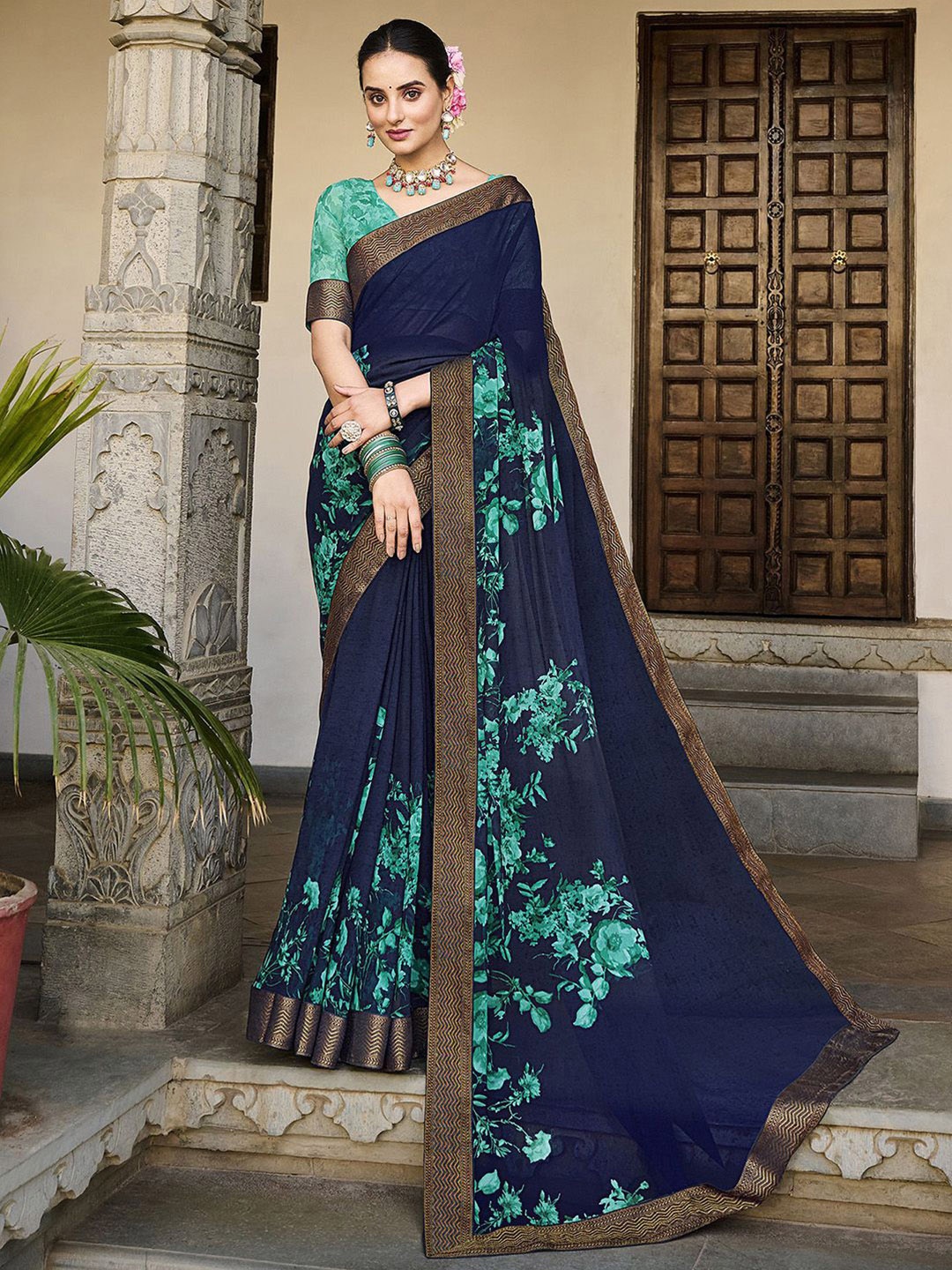 

Mitera Navy Blue & Sea Green Floral Printed Saree