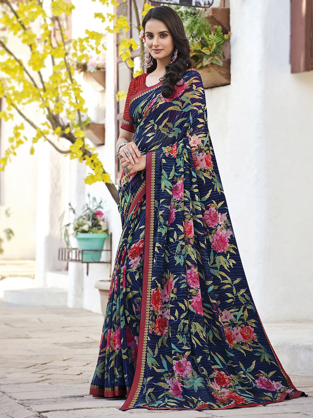 

Mitera Blue & Red Floral Printed Saree