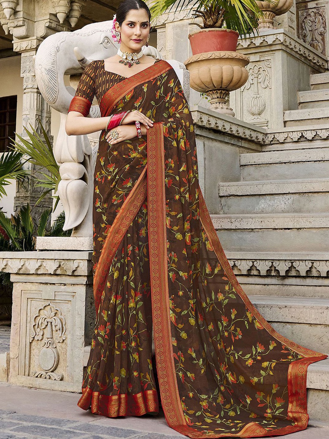 

Mitera Floral Printed Zari Poly Georgette Saree, Brown