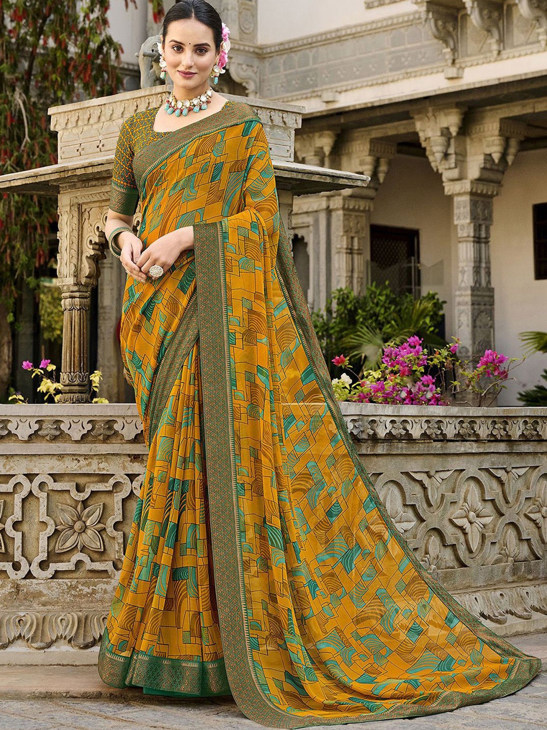 

Mitera Mustard Yellow & Green Geometric Printed Poly Georgette Saree