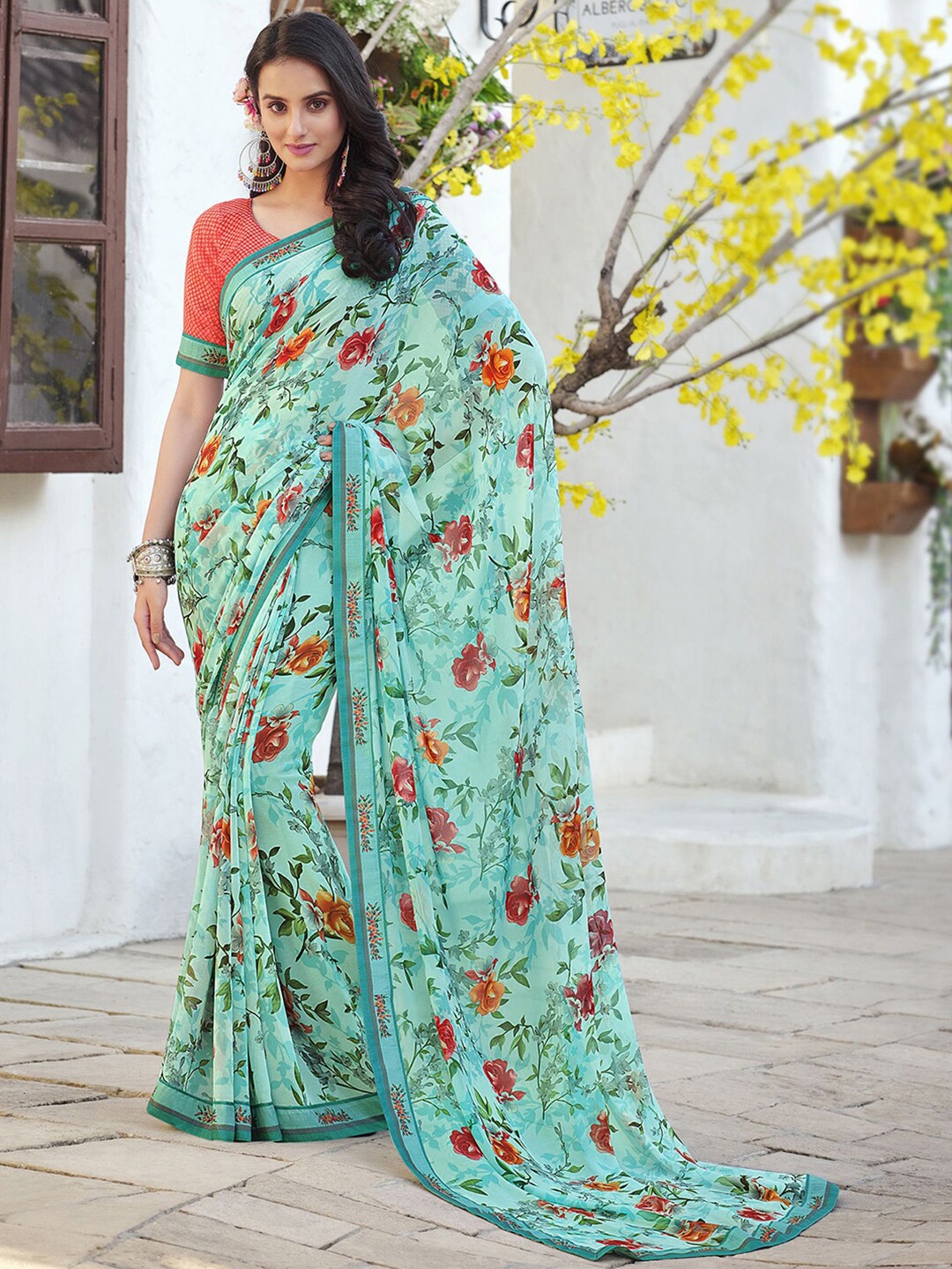 

Mitera Turquoise Blue & Red Floral Printed Saree