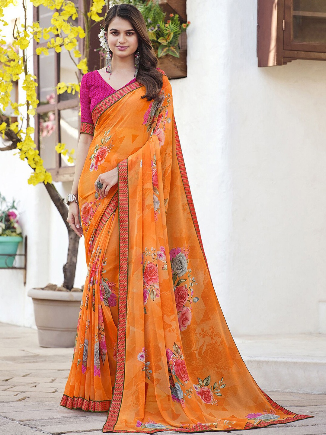 

Mitera Orange & Pink Floral Printed Saree