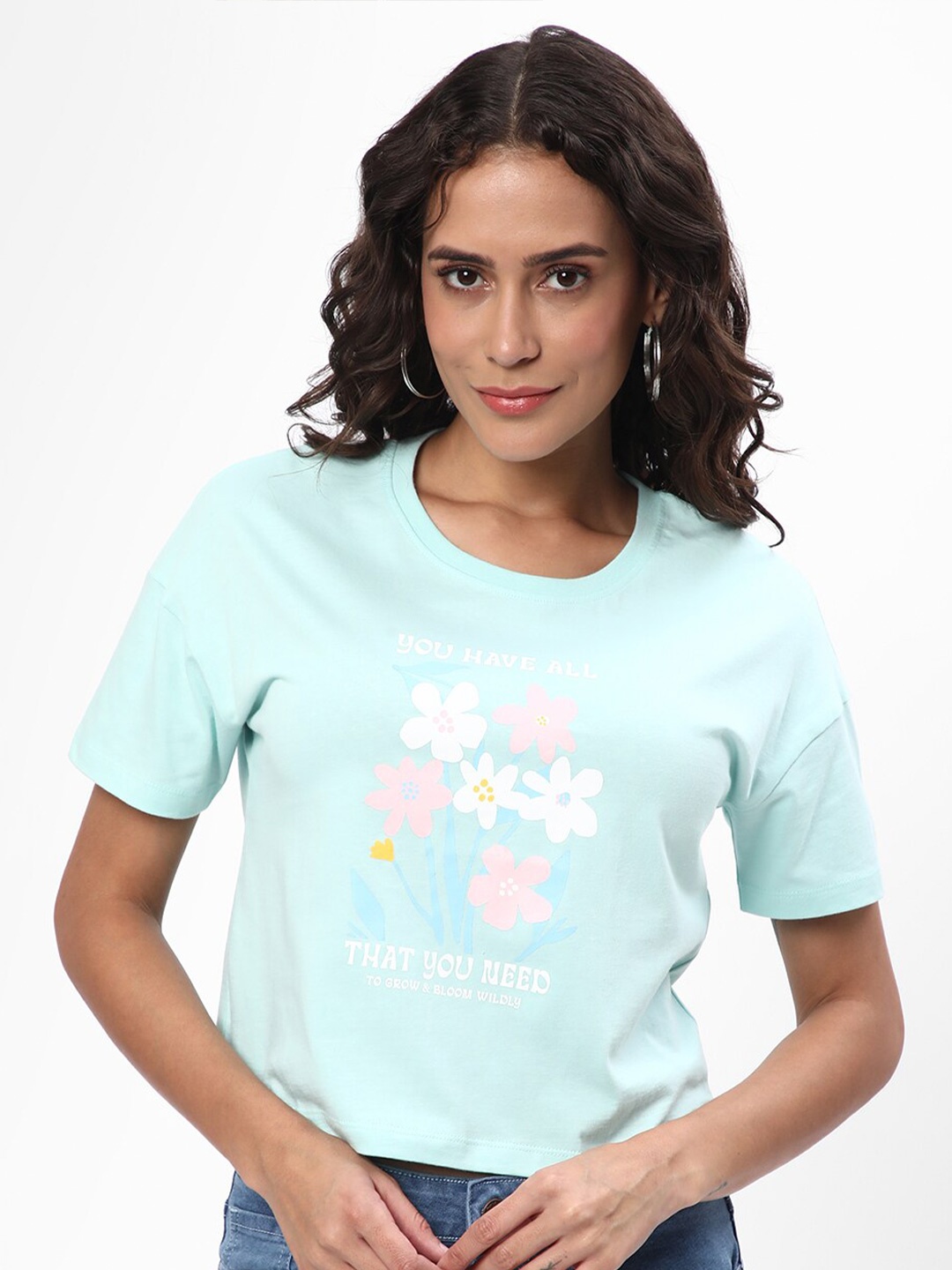 

R&B Floral Printed Boxy Fit Cotton Crop T-Shirt, Blue