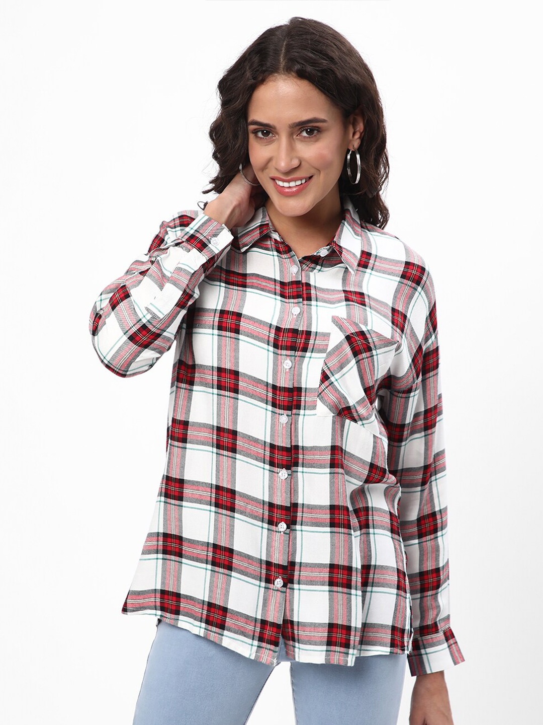 

R&B Tartan Checked Cotton Casual Shirt, White