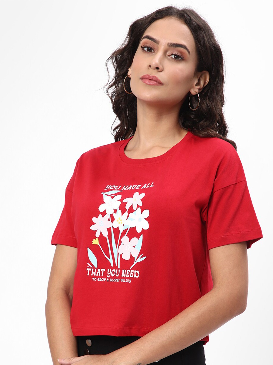 

R&B Floral Printed Cotton Crop T-Shirt, Red