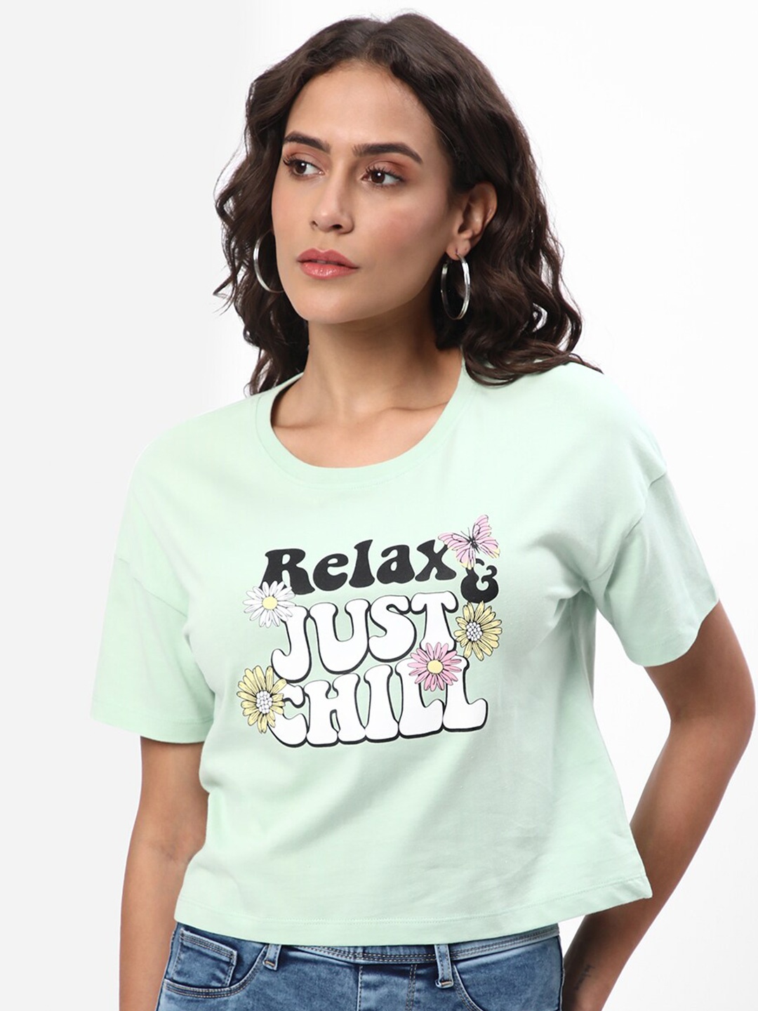 

R&B Typography Printed Cotton Crop T-Shirt, Green