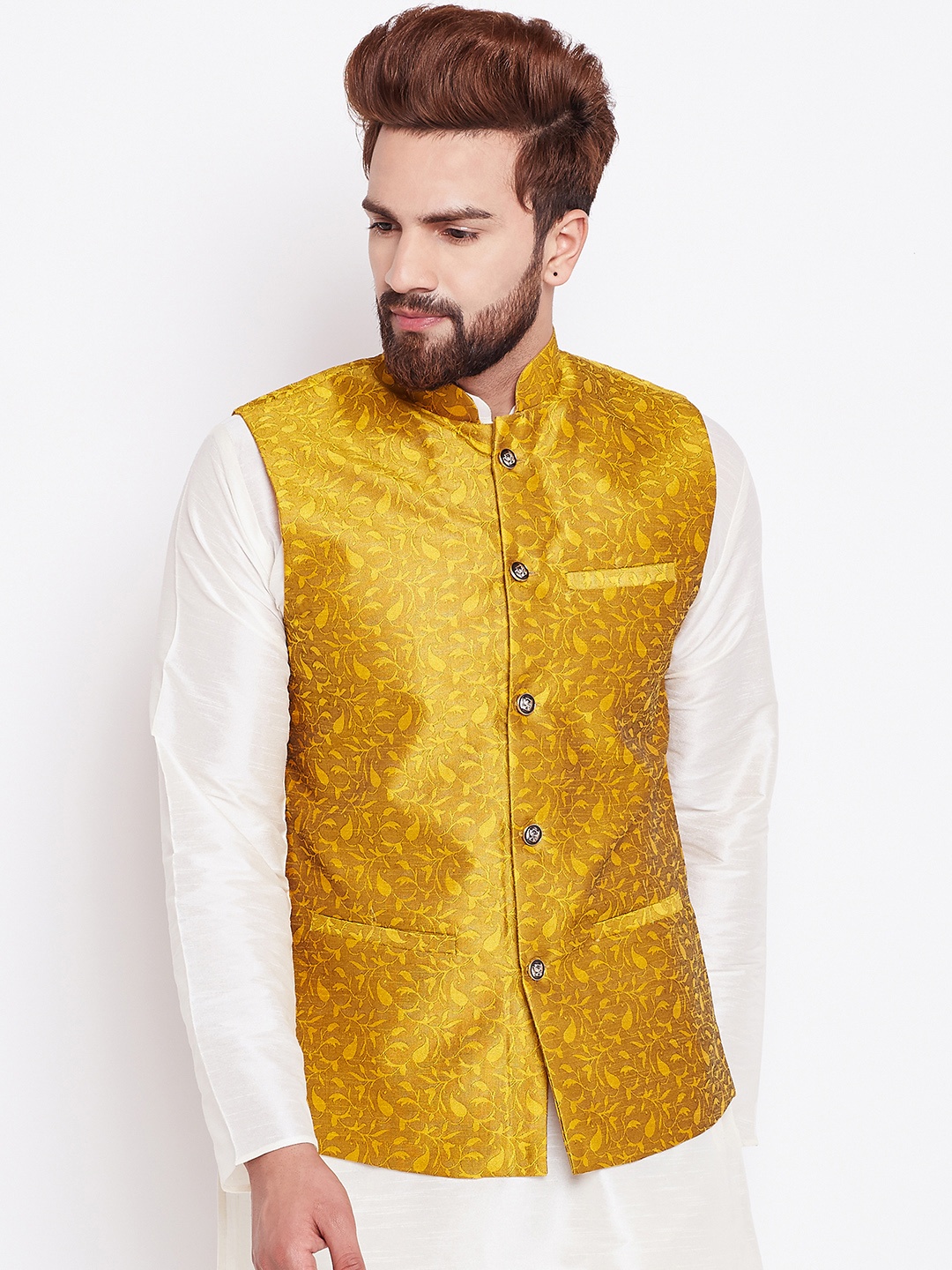 

SOJANYA Mustard Yellow Woven Design Nehru Jacket