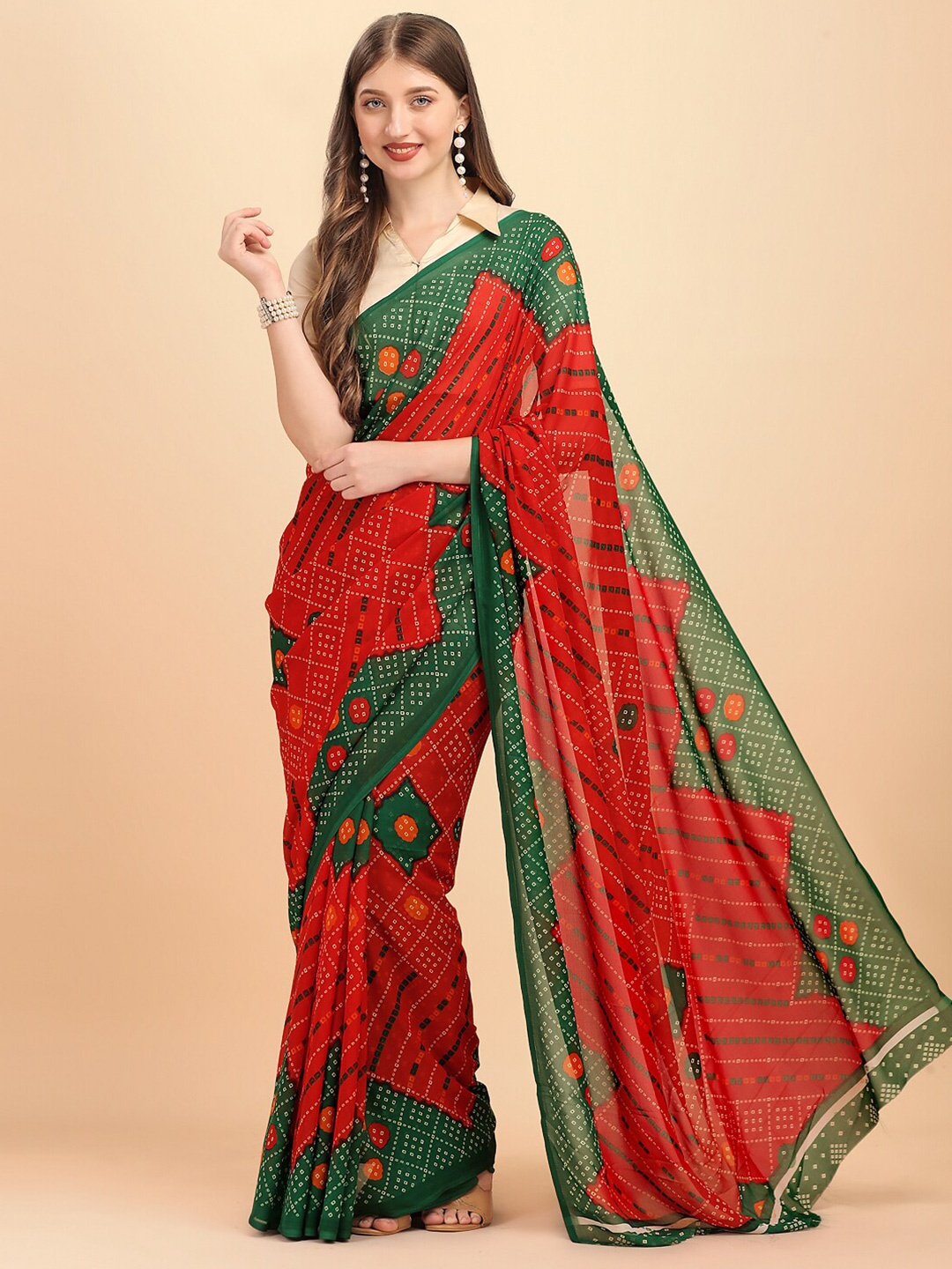 

Ishin Bandhani Printed Pure Georgette Saree, Red