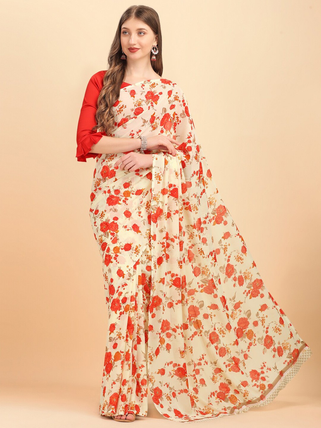 

Ishin Floral Printed Pure Georgette Saree, Beige