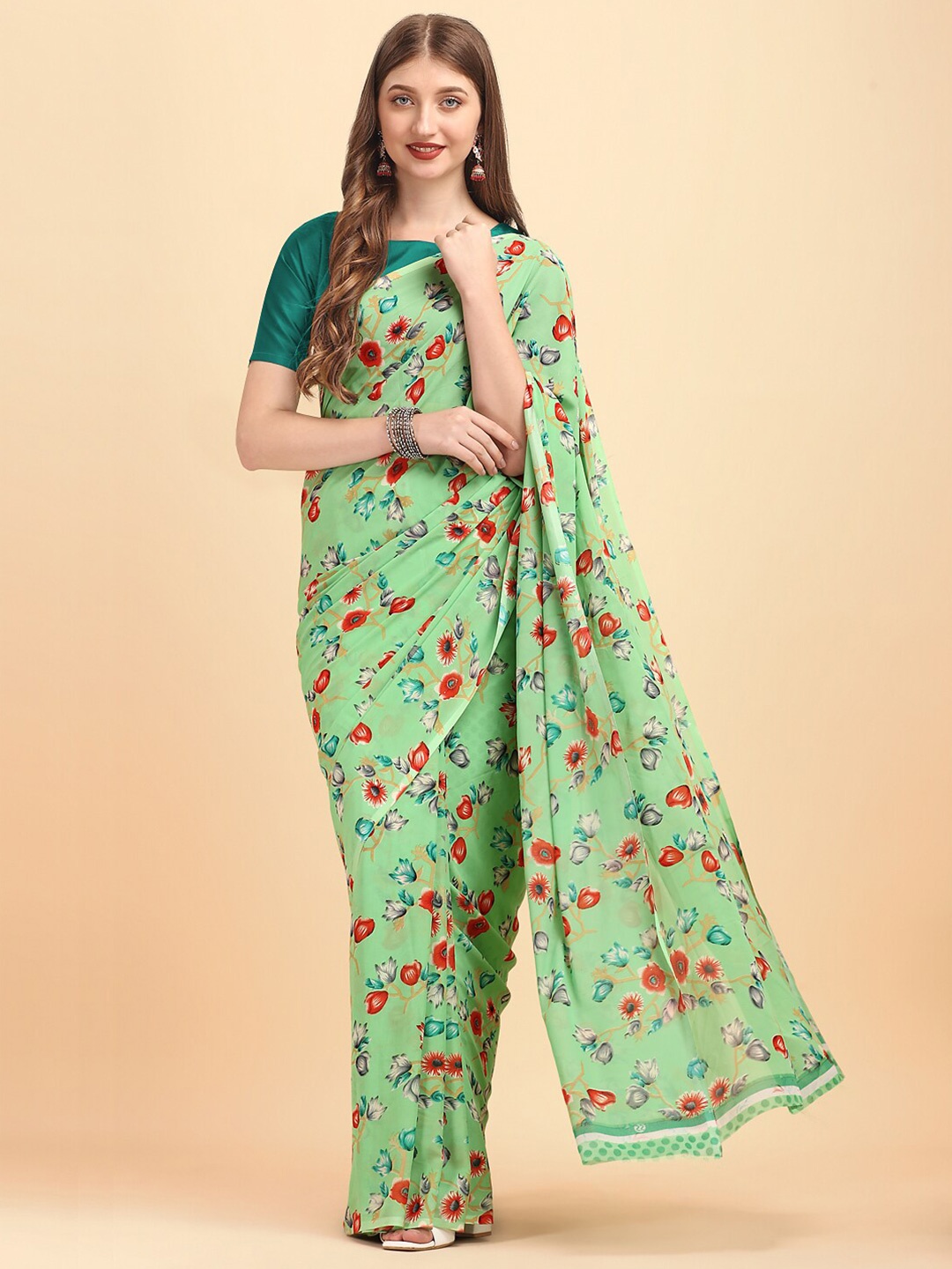 

Ishin Floral Printed Pure Georgette Saree, Green