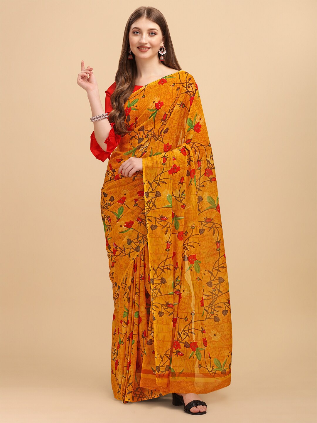 

Ishin Floral Printed Pure Georgette Saree, Mustard