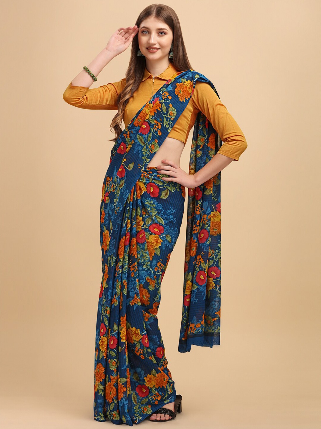 

Ishin Blue & Brown Floral Printed Pure Georgette Saree