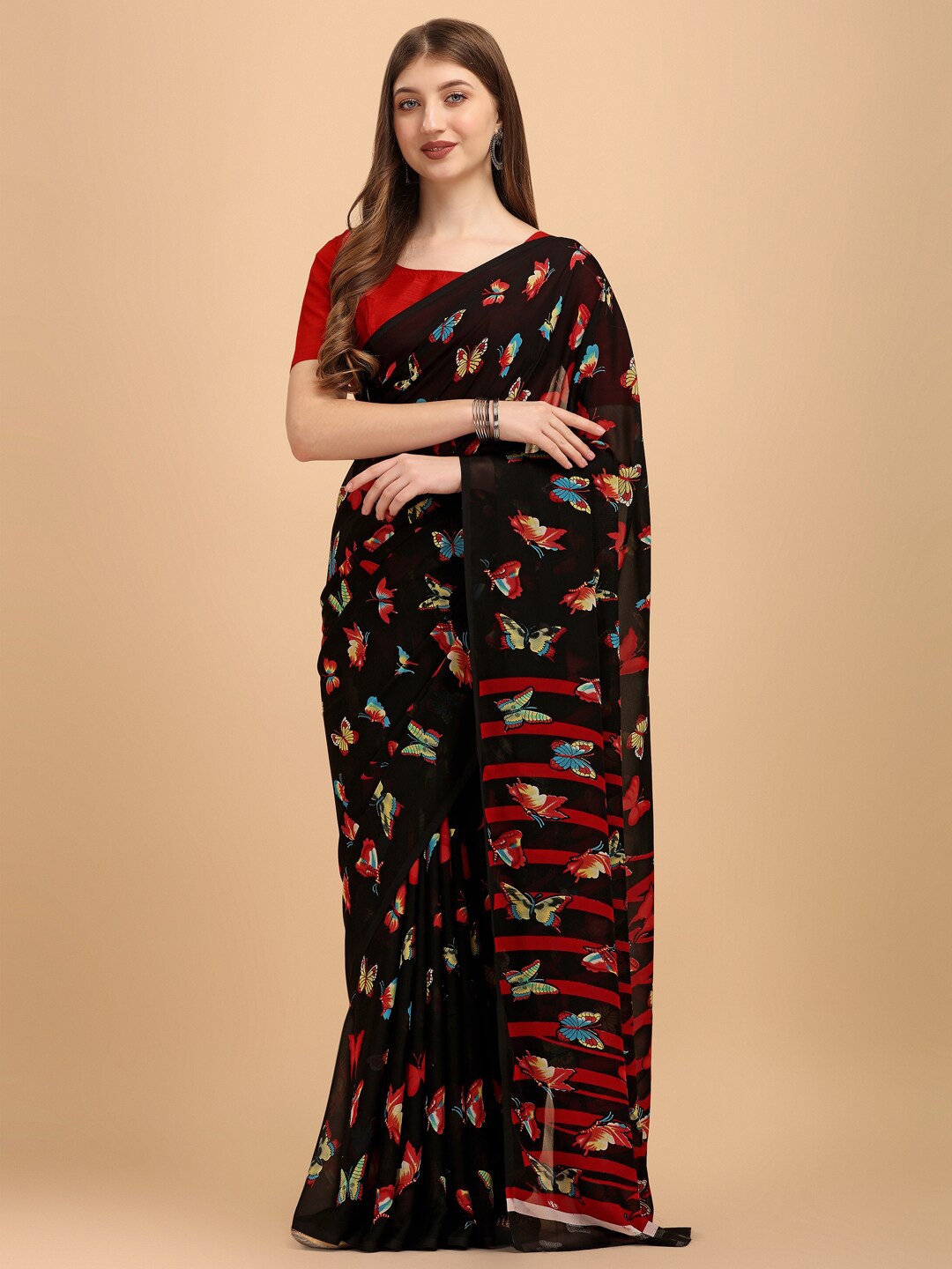 

Ishin Black & Red Floral Printed Pure Georgette Saree