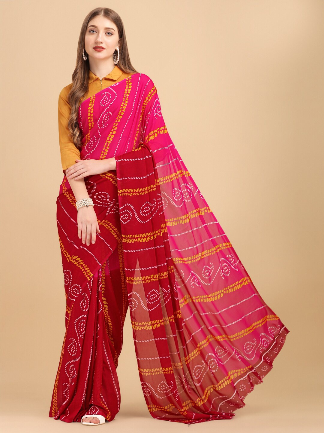 

Ishin Pink & Yellow Bandhani Pure Georgette Saree