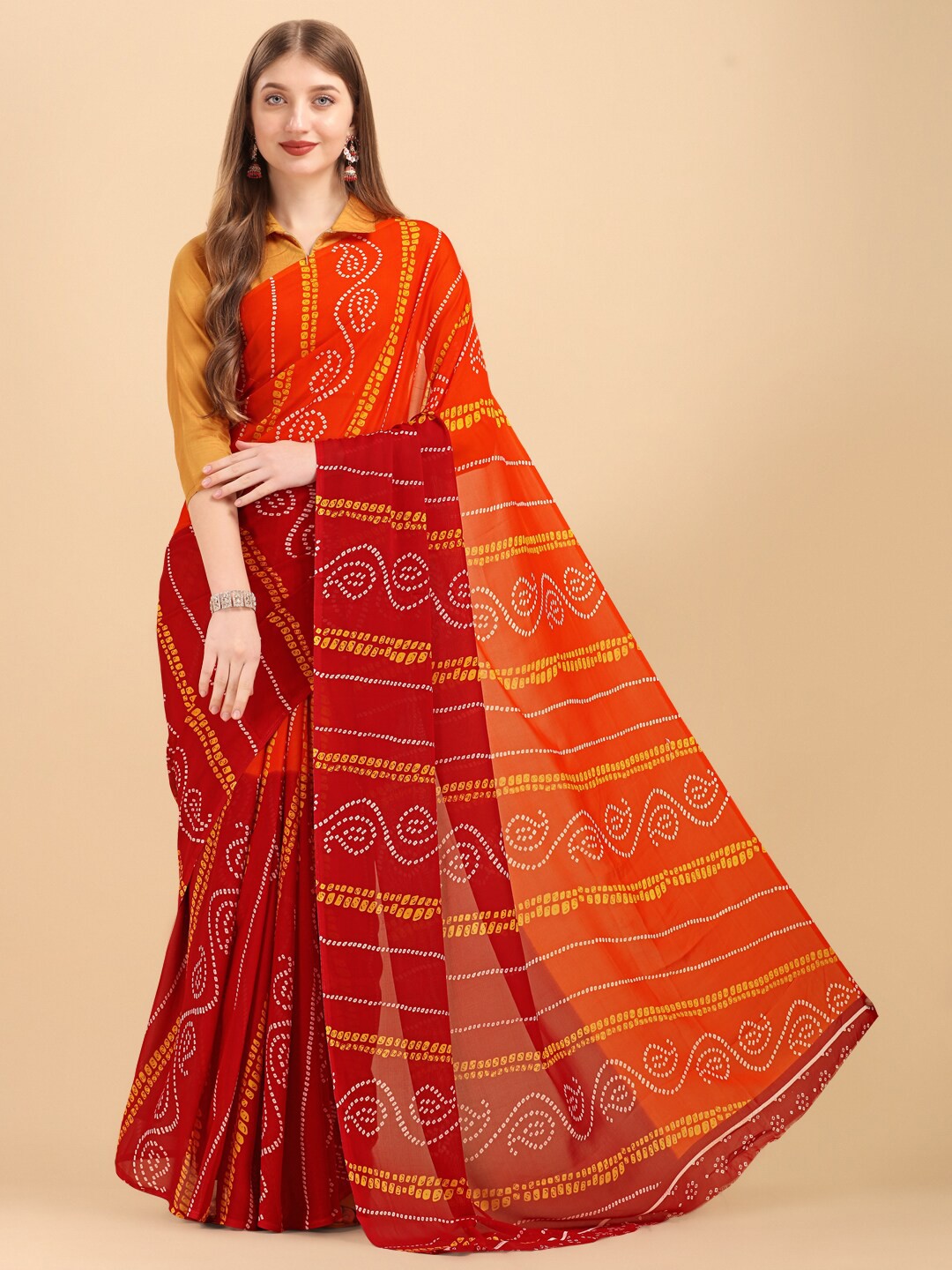 

Ishin Orange & Red Bandhani Pure Georgette Saree