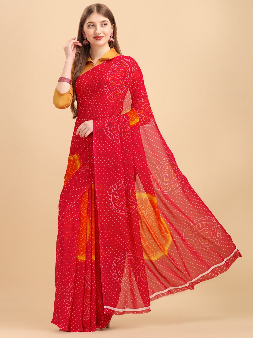 

Ishin Bandhani Pure Georgette Saree, Red
