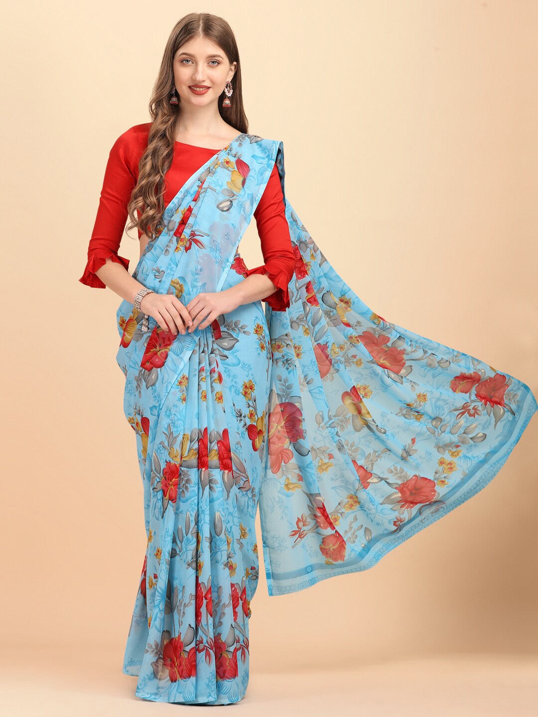 

Ishin Floral Printed Pure Georgette Saree, Blue