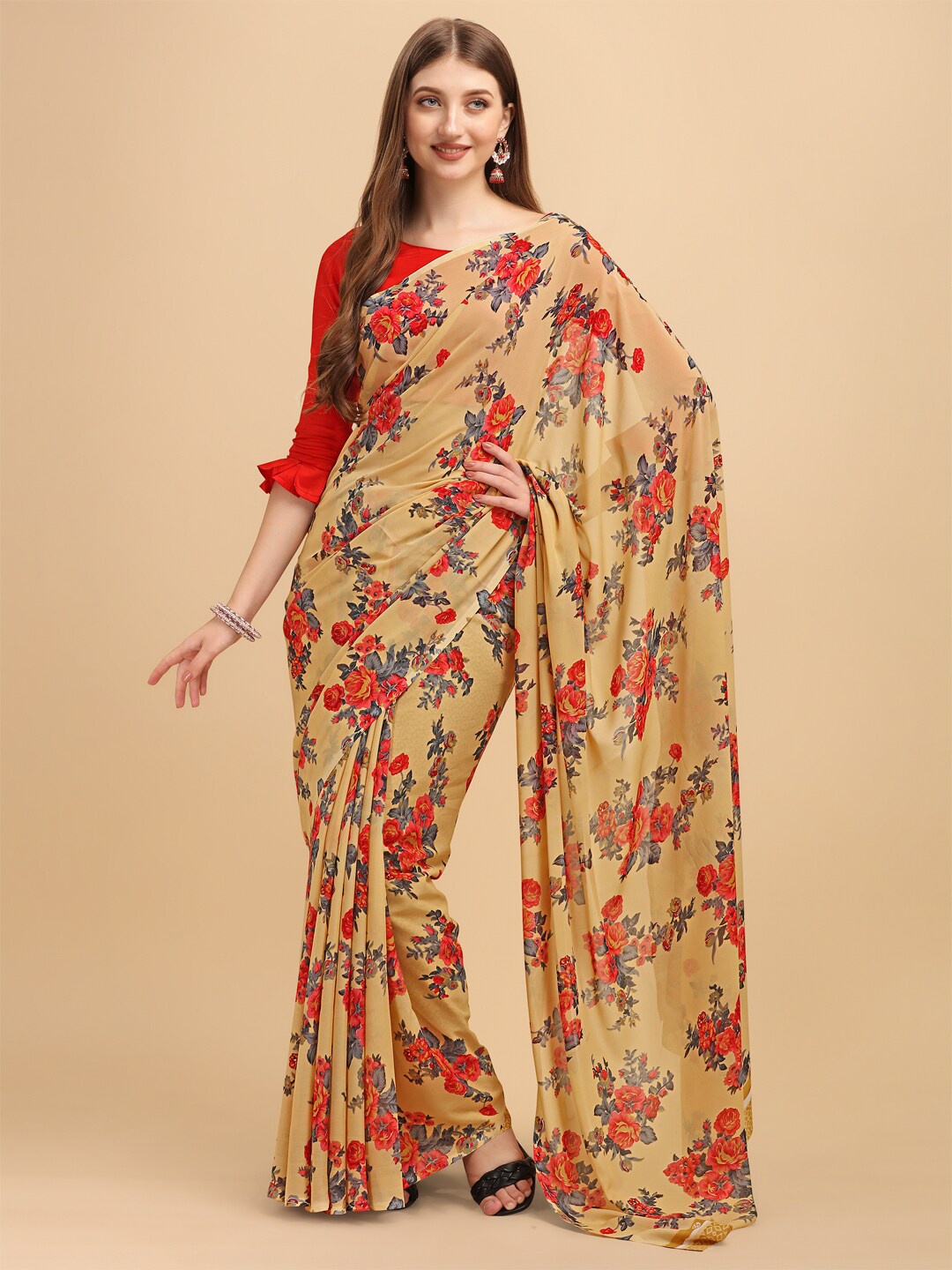 Ishin Floral Printed Pure Georgette Saree, Beige
