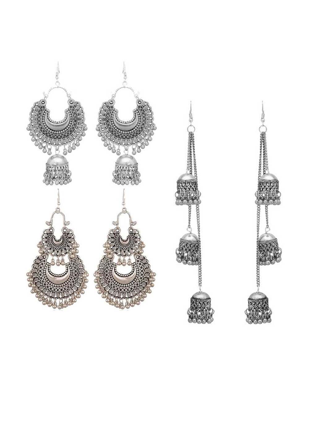 

PRASUB Set Of 3 Stainless Steel Oval Jhumkas Earrings, Silver