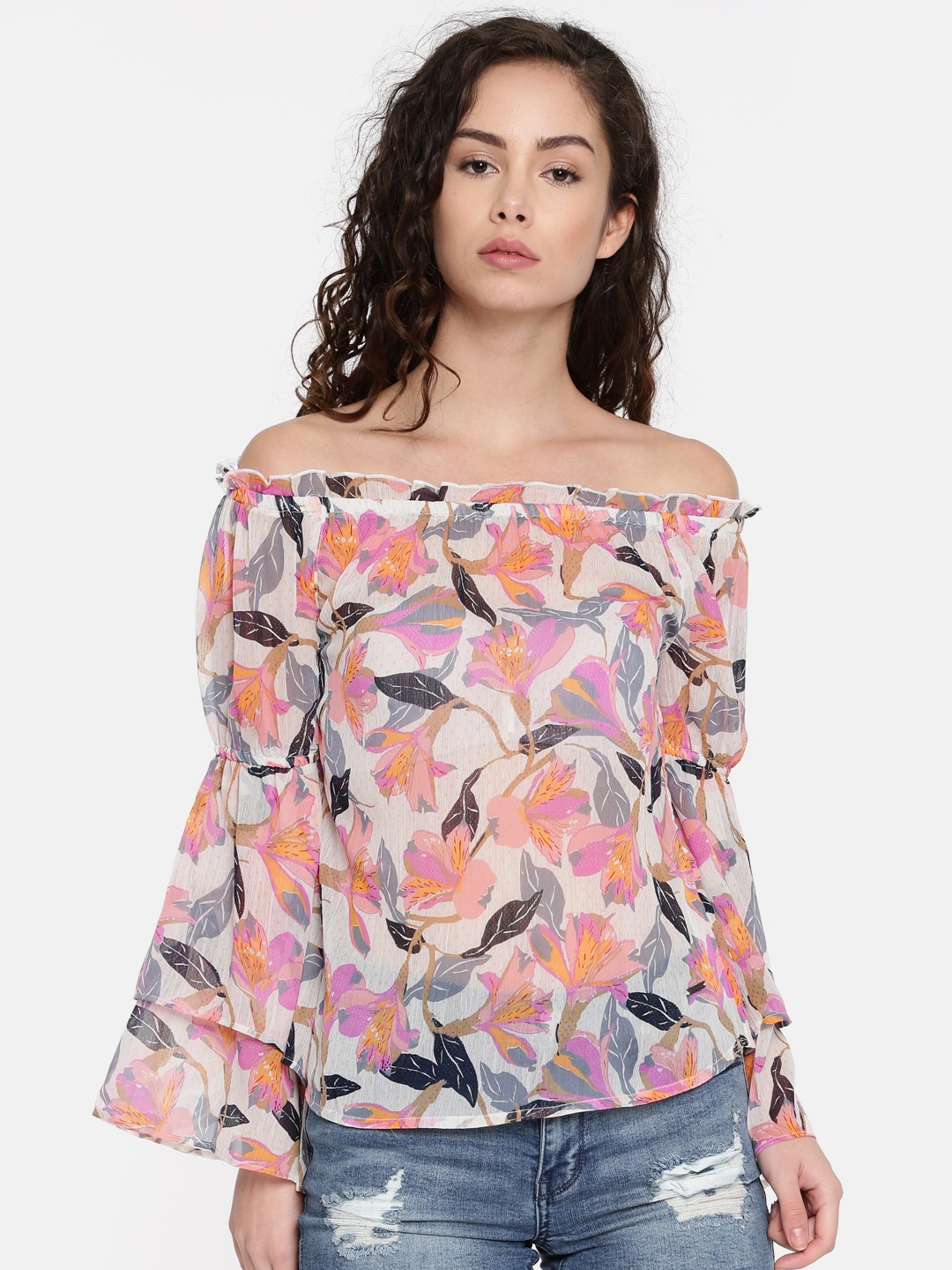 

Vero Moda Women White Printed Bardot Top