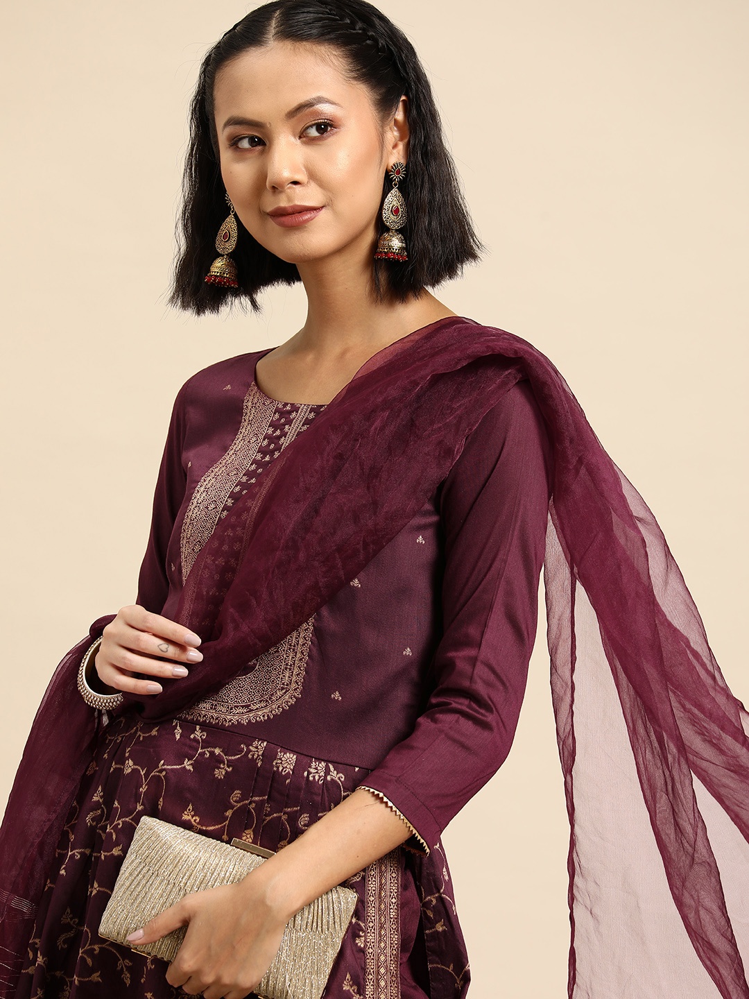 

Sangria Women Ethnic Motifs Pleated Chanderi Silk Kurta with Trousers & Dupatta, Purple