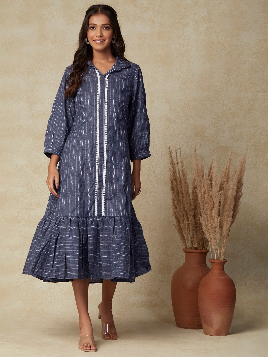 

FASHOR Blue Striped Cuffed Sleeves Gathered Detailed Cotton A-Line Midi Dress