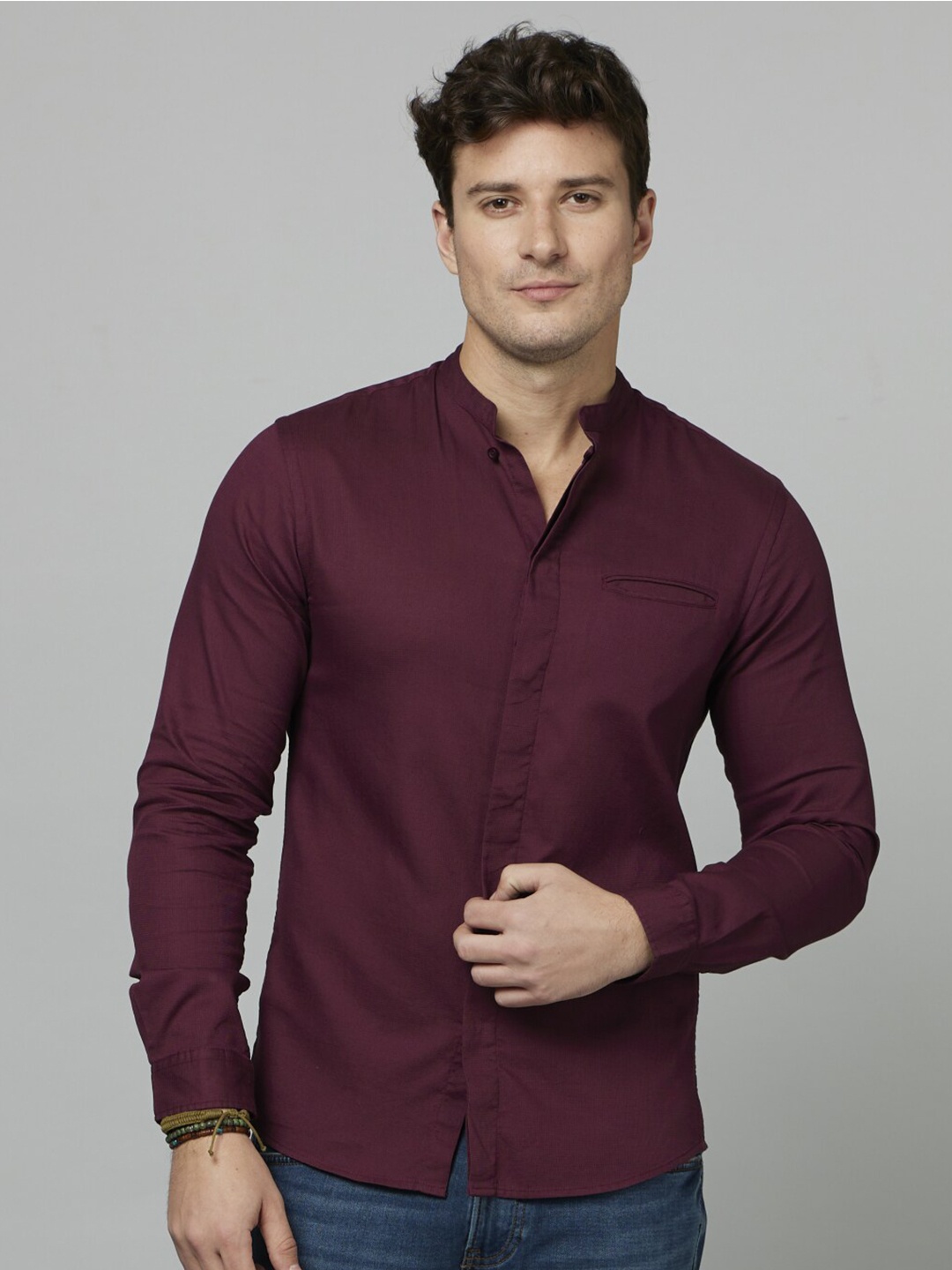 

Celio Mandarin Collar Cotton Classic Regular Fit Shirt, Burgundy