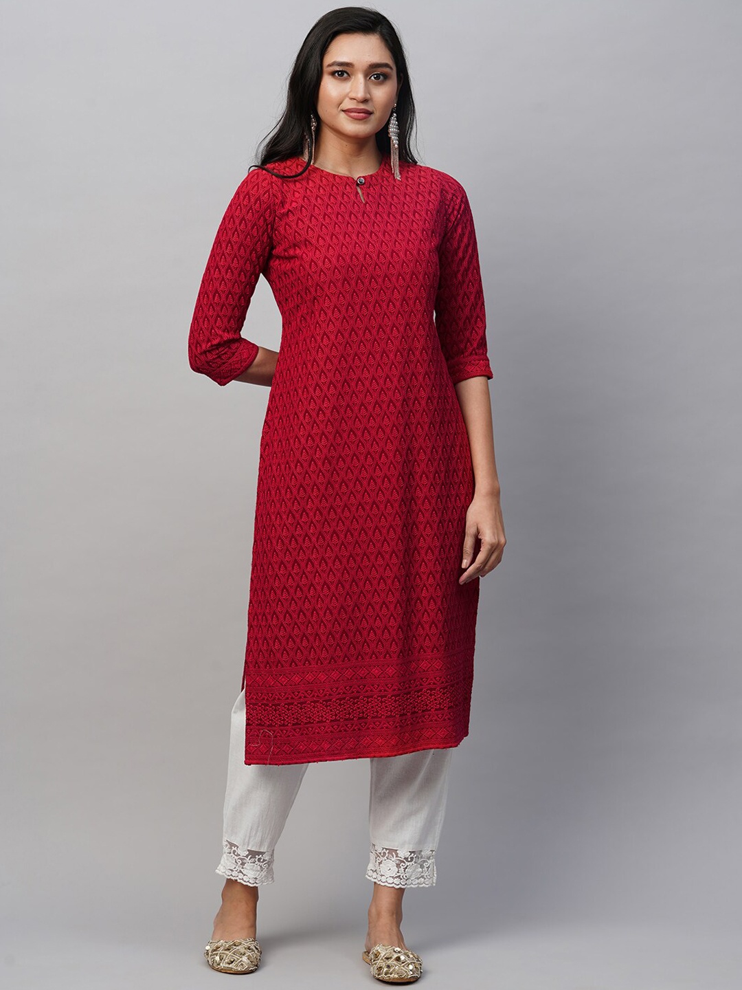 

HEEPOSH Ethnic Motifs Embroidered Keyhole Neck Straight Kurta, Maroon