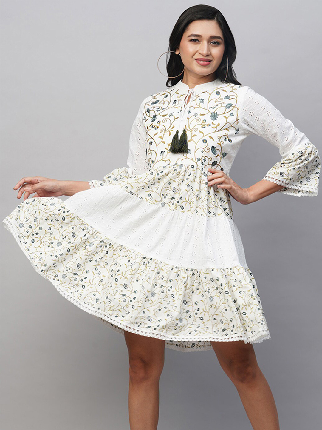

HEEPOSH Floral Embroidered Bell Sleeves Gathered Cotton A-Line Dress, White