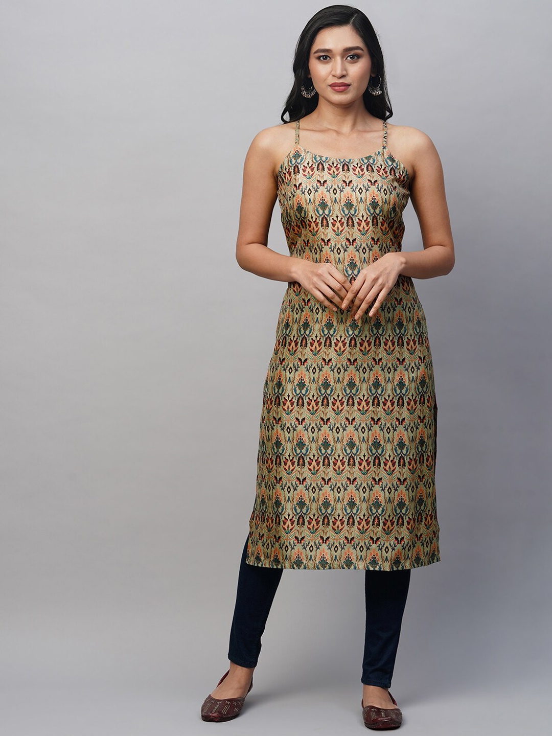 

HEEPOSH Floral Printed Silk Shoulder Straps Kurtas, Olive