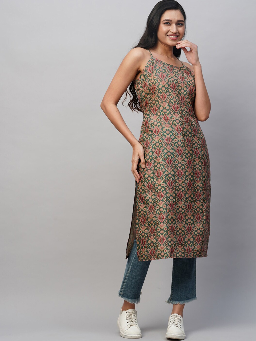 

HEEPOSH Women Green Printed Patchwork Handloom Anarkali Kurta