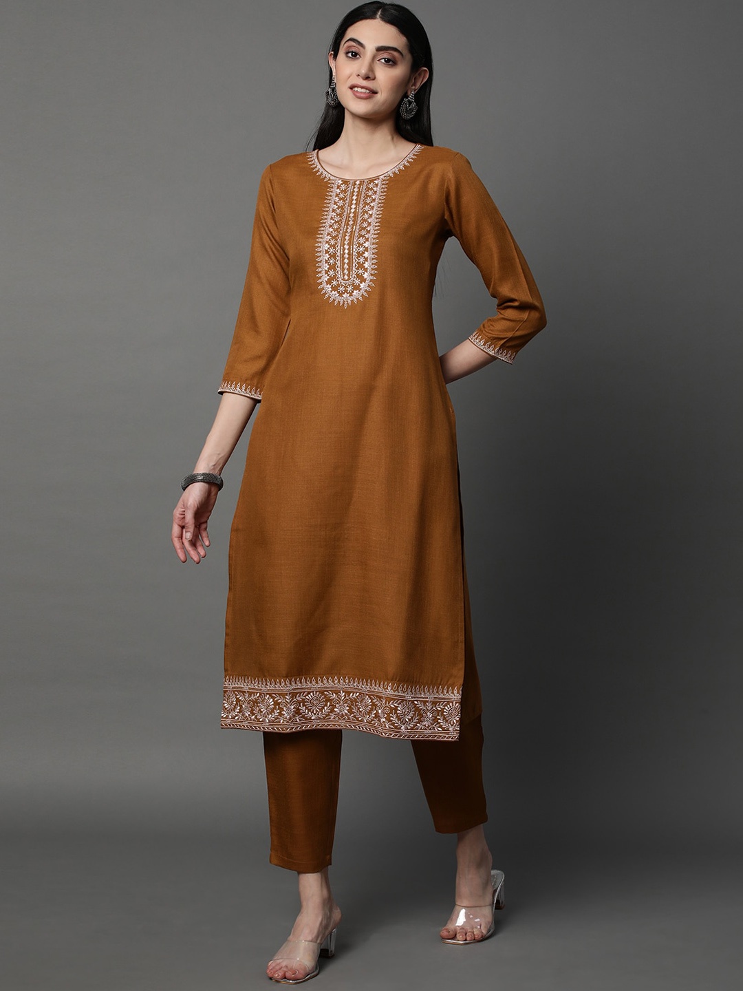 HEEPOSH Floral Embroidered Kurta with Trousers & Dupatta, Copper