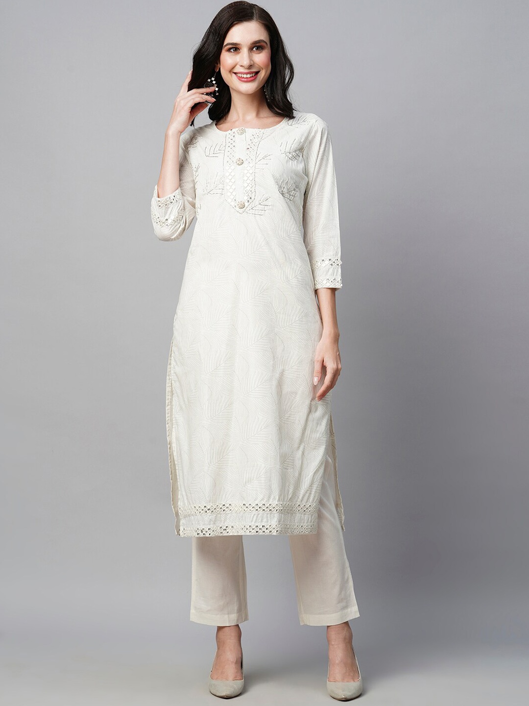 HEEPOSH Floral Printed Pure Cotton Kurta with Trousers & Dupatta, White