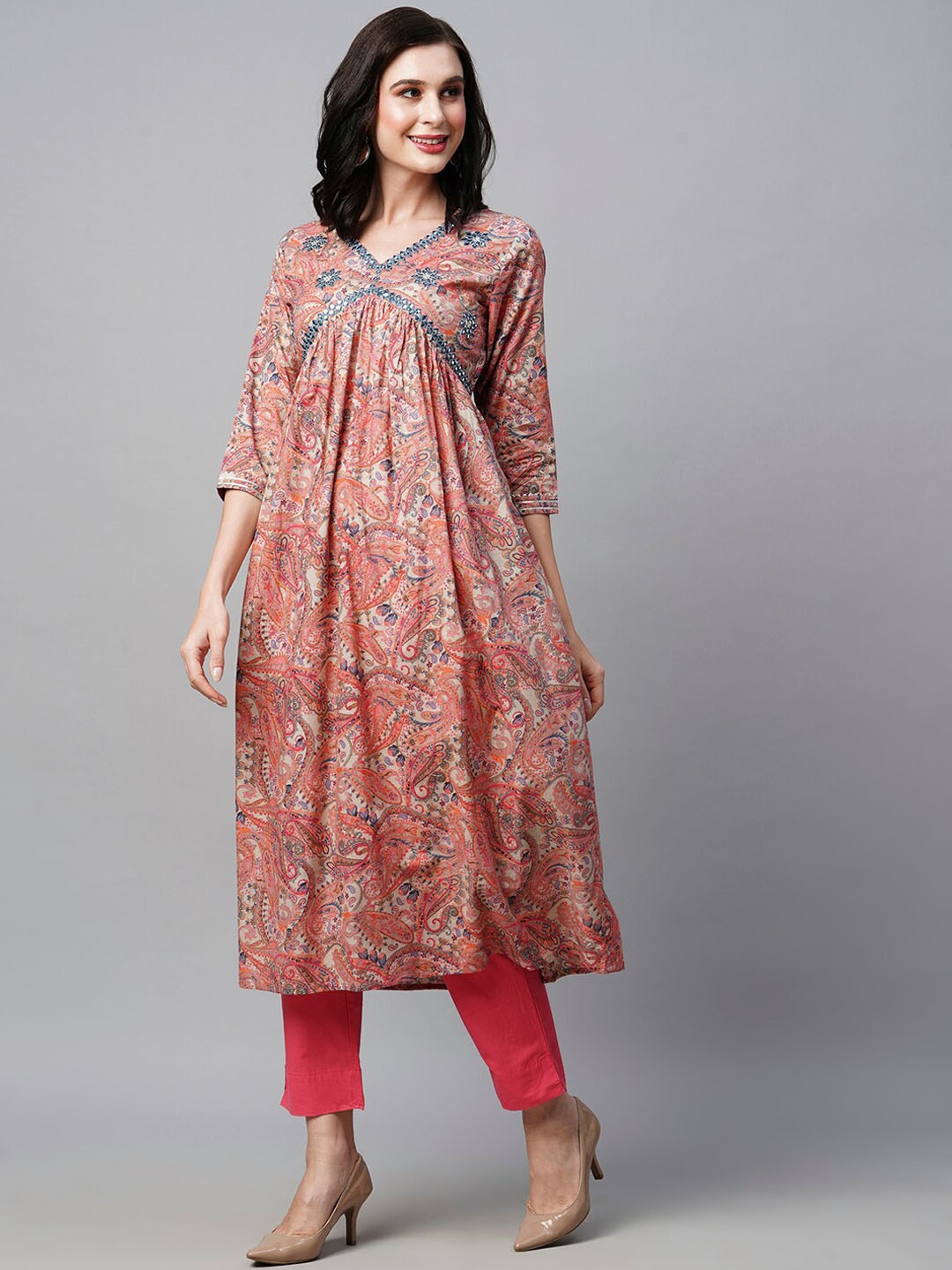 

HEEPOSH Paisley Printed Empire Mirror Work Flared Kurta with Trousers & Dupatta, Coral