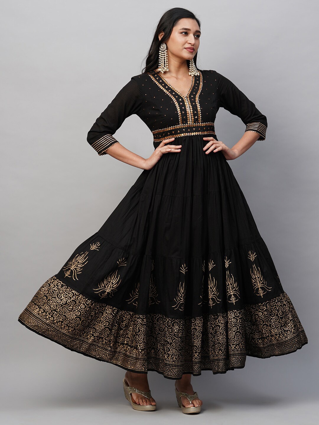 

HEEPOSH Ethnic Motifs Printed Gathered Cotton Fit & Flare Ethnic Dress, Black