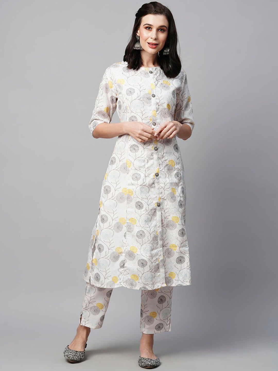 

HEEPOSH Floral Printed Regular A-Line Kurta with Trousers, White