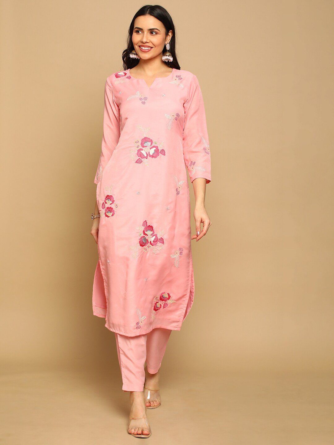 

HEEPOSH Floral Embroidered Sequinned Kurta With Trousers & Dupatta, Pink