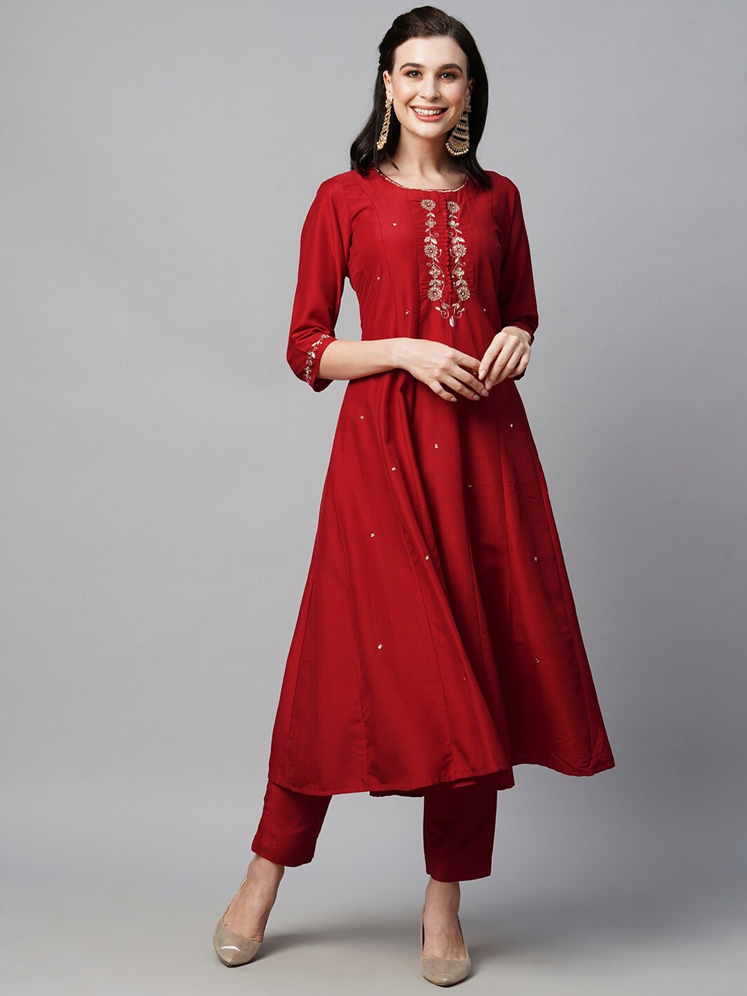 HEEPOSH Floral Yoke Design Gotta Patti Kurta With Trousers & Dupatta, Red