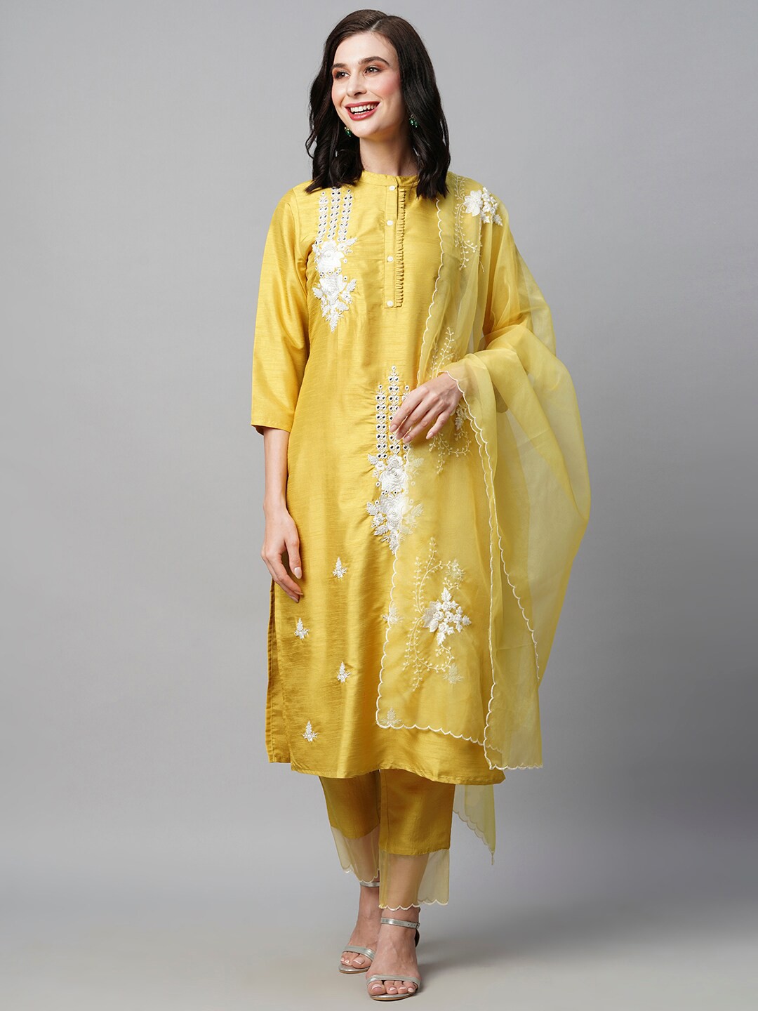 

HEEPOSH Floral Embroidered Kurta & Trousers With Dupatta, Mustard