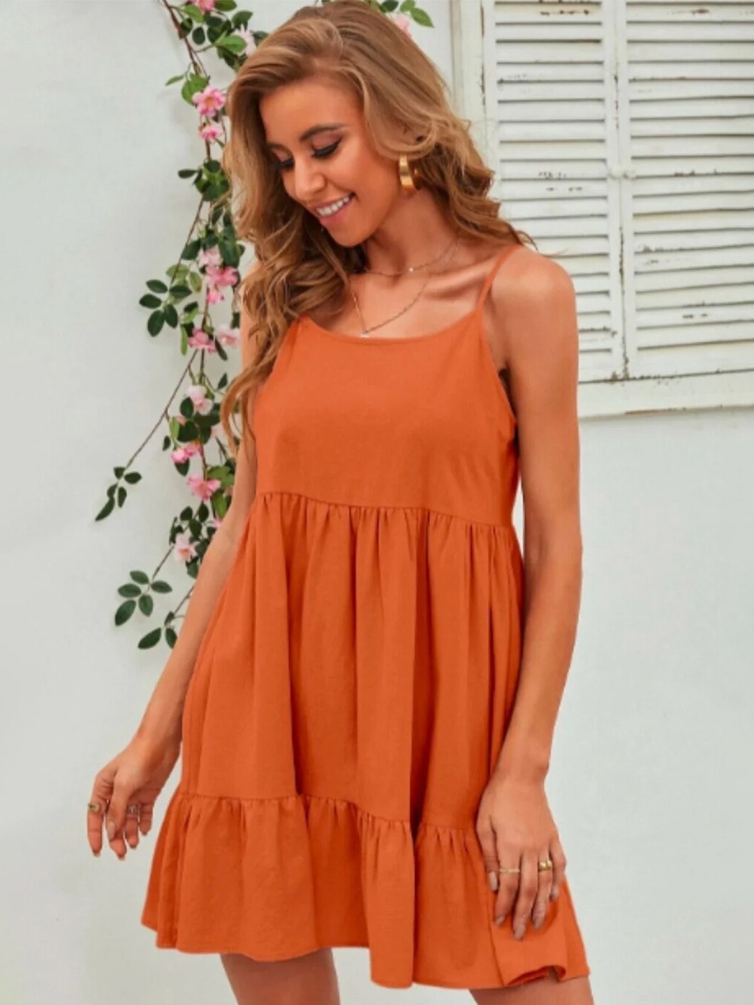 

Styched Shoulder Straps Gathered or Pleated A-Line Dress, Orange
