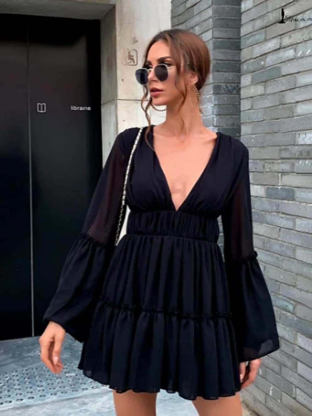 

Styched Bell Sleeves Tiered Gathered Fit & Flare Dress, Black