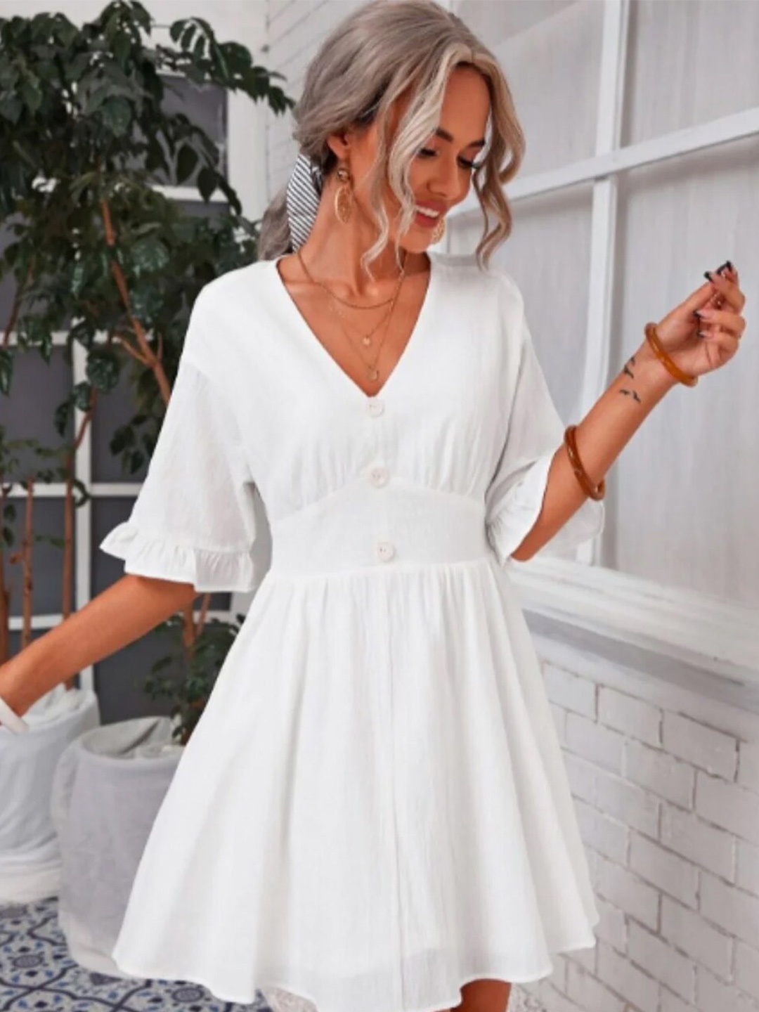 

Styched V-Neck Flared Sleeve Fit & Flare Mini Dress, White