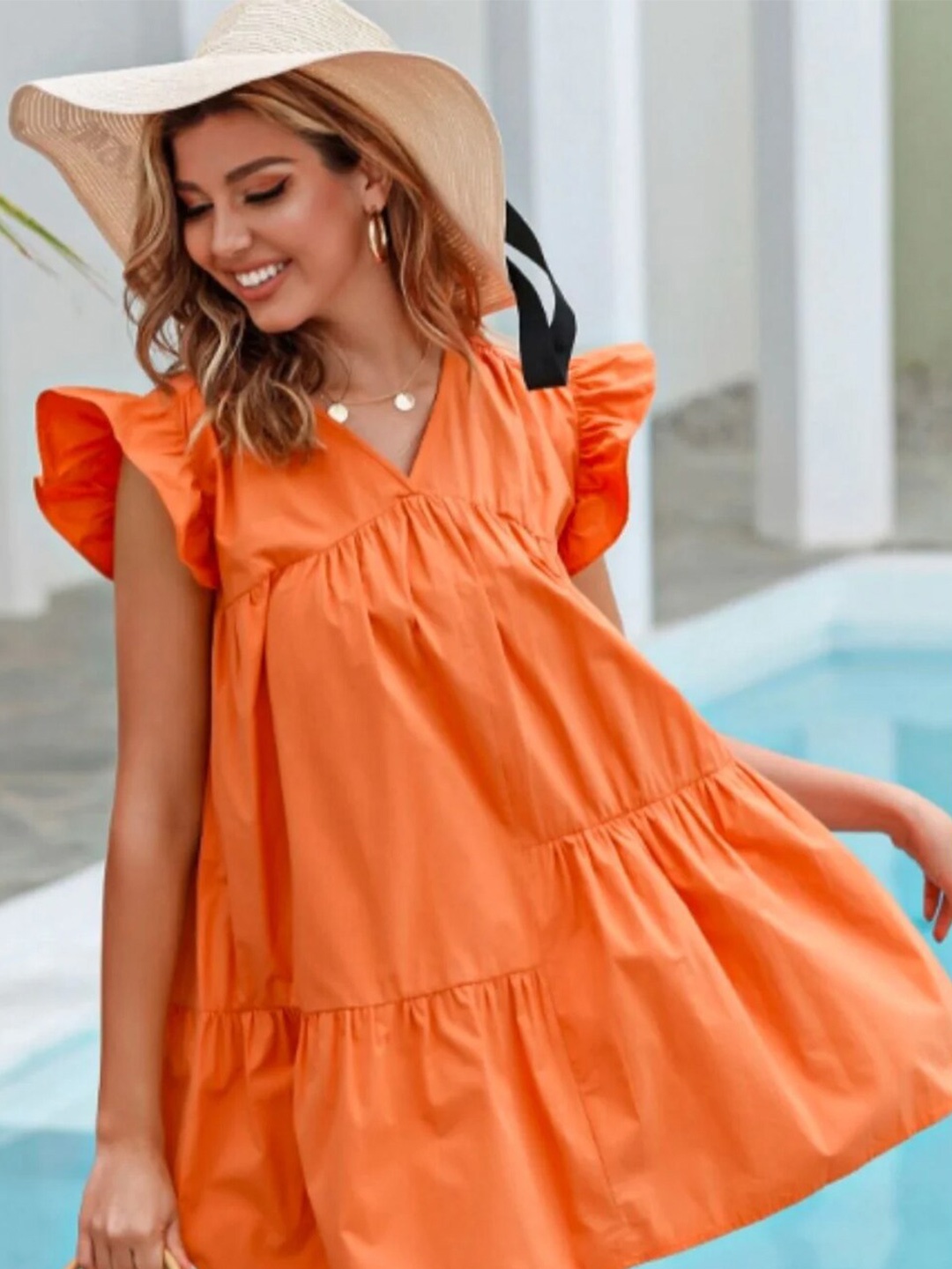 

Styched V-Neck Flared Sleeve Gathered Tiered Pure Cotton A-Line Mini Dress, Orange