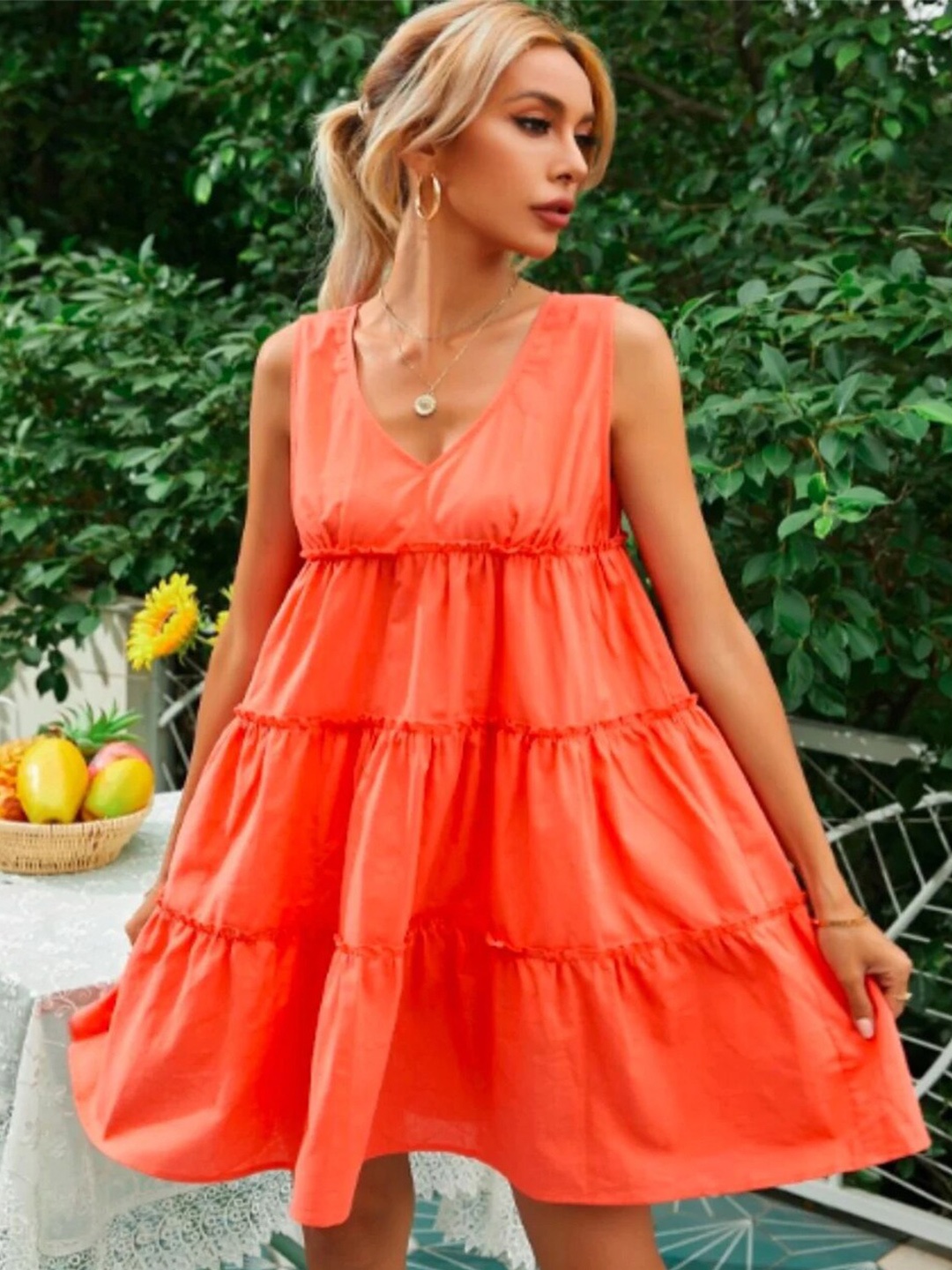 

Styched V-Neck Sleeveless Gathered Tiered Pure Cotton A-Line Dress, Orange