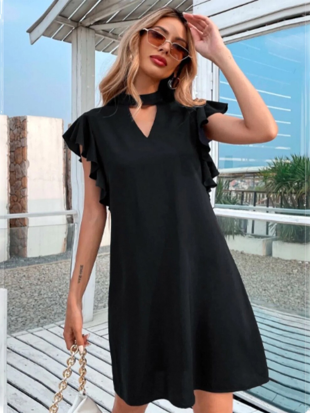

Styched Choker Neck Flutter Sleeve A-Line Dress, Black