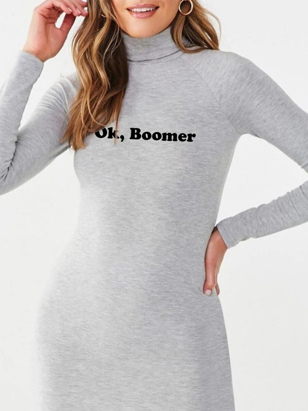 

Styched Typography Printed Turtle Neck Long Sleeve T-shirt Mini Dress, Grey