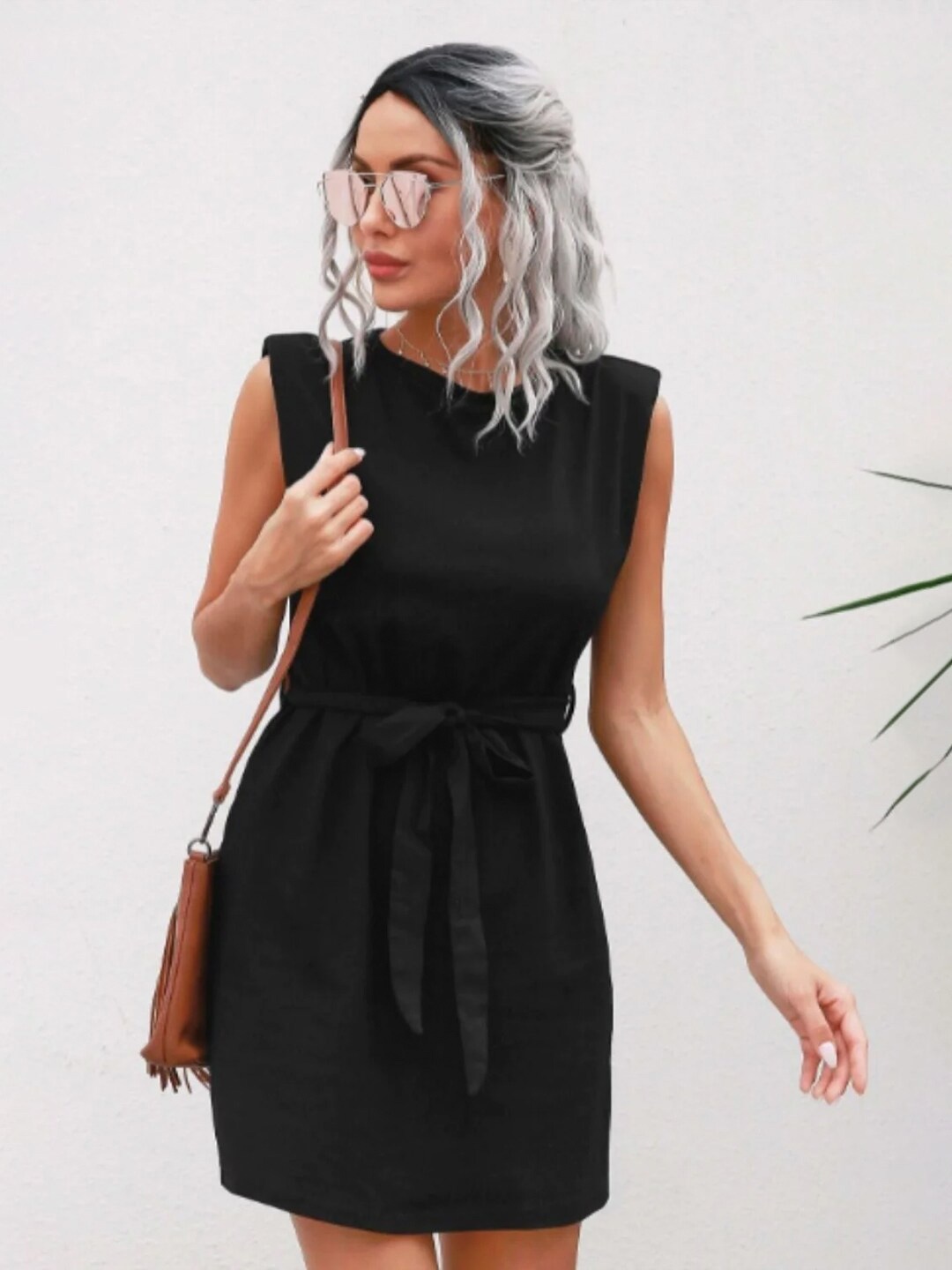 

Styched Round Neck Sleeveless Belted A-Line Mini Dress, Black