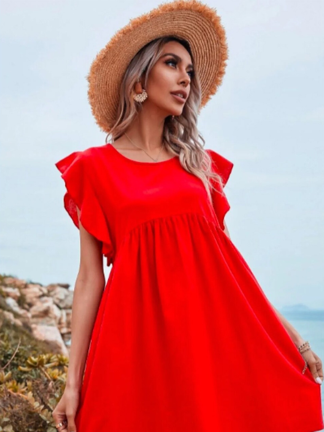 

Styched Flutter Sleeves Gathered or Pleated Cotton Empire Dress, Red